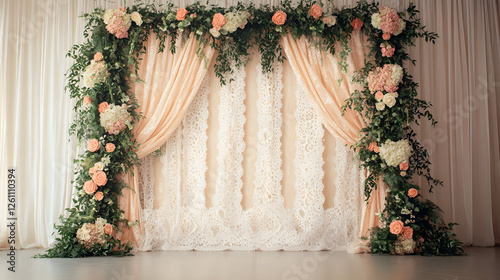 Vintage-inspired backdrop featuring lace curtains and floral garlands for wedding portraits