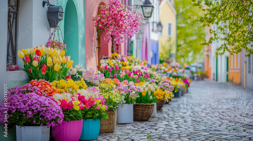 Obraz premium Colorful flower-lined street in a charming village during springtime
