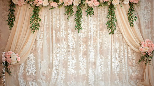Vintage-inspired backdrop featuring lace curtains and floral garlands for wedding portraits