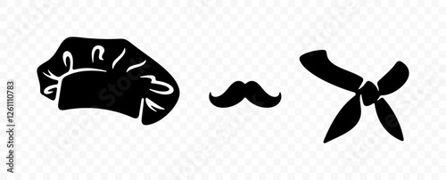 Chef's hat or cap, moustache, scarf or kerchief, graphic design. Baker and chef, food, meal, pizzeria, bakery and bakehouse, vector design and illustration