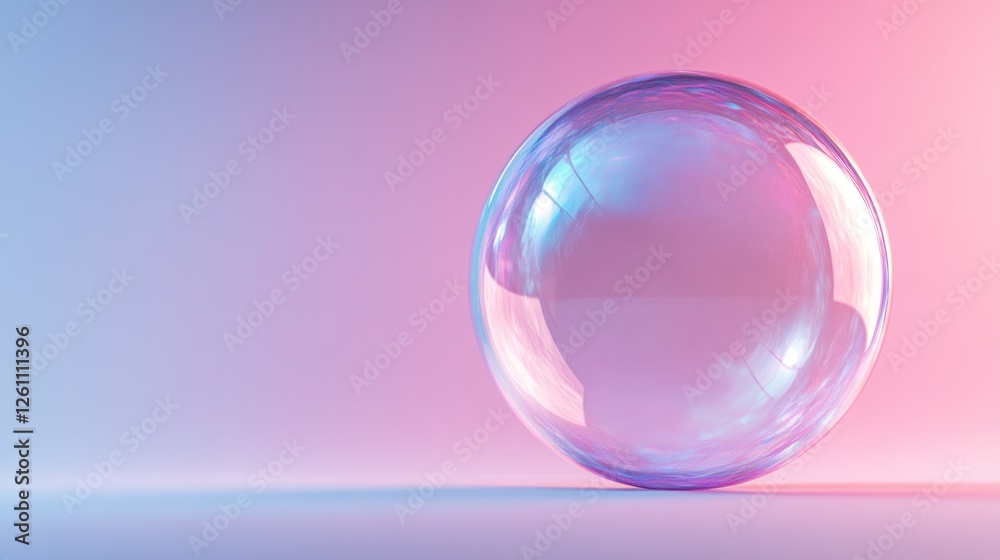 A large iridescent sphere rests on a pastel surface A large iridescent sphere rests on a pastel surface