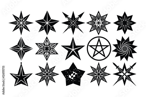 Set of geometric star icons showcasing a variety of symmetrical and artistic star shapes, useful for design, branding, and vector-based creative projects.
