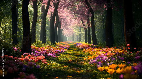 Fototapeta Naklejka Na Ścianę i Meble -  Whimsical forest clearing surrounded by colorful blossoms for enchanting wedding photography