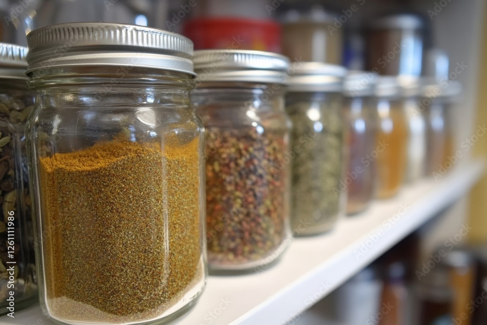 A collection of glass jars containing a variety of spices is displayed on a white kitchen shelf. The blurred background adds a warm, homely feel, highlighting the vibrant colors of the spices