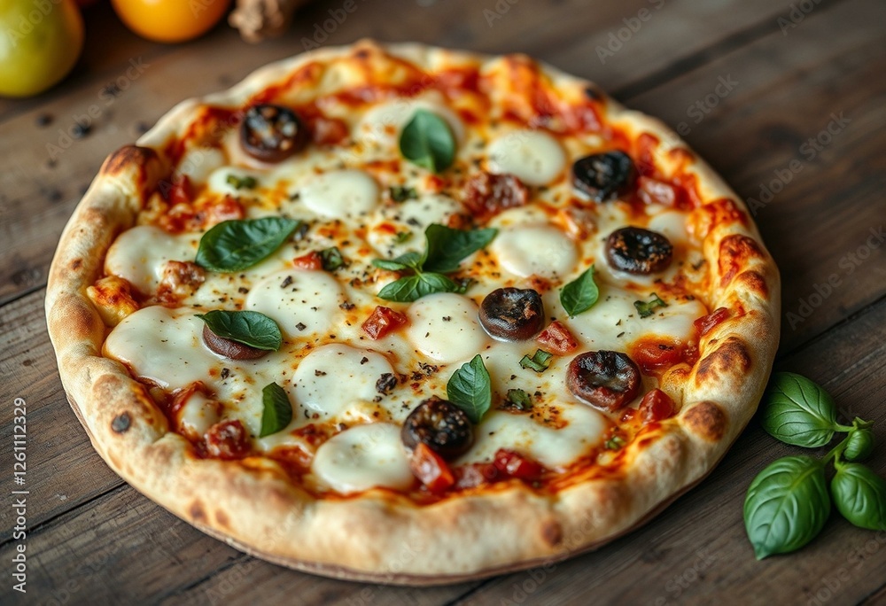 A partially seen pizza on a rustic wooden table with a blurred background A partially seen pizza on a rustic wooden table with a blurred background