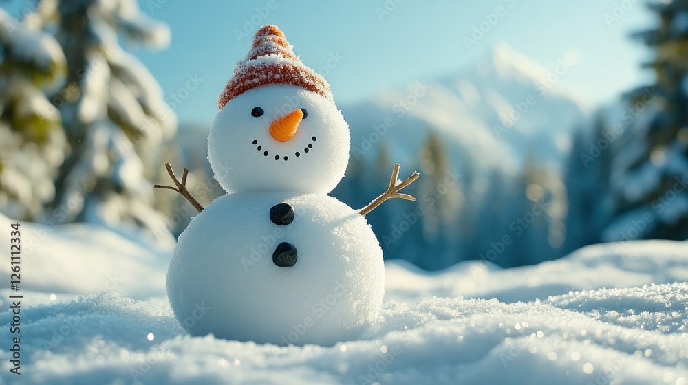 Fototapeta premium Happy Snowman In Snowy Winter Mountain Landscape