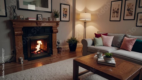 Wallpaper Mural Cozy living room with a warm ambiance, captured from a wide-angle perspective, showcasing a stylish sofa and decor. Home interior video. Torontodigital.ca