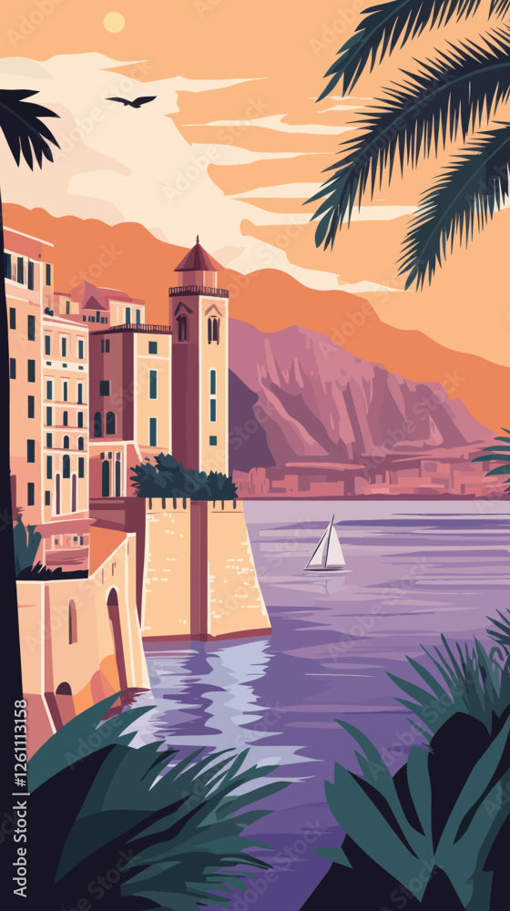 Obraz premium Monaco Scenic Coastline Vintage Poster with Architecture and Sailboat Minimalist Style