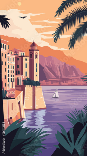 Monaco Scenic Coastline Vintage Poster with Architecture and Sailboat Minimalist Style