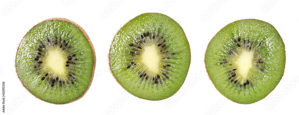 Fototapeta premium Set fresh kiwi fruit slice isolated on white, top view