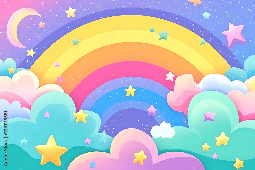 Rainbow arching over pastel colored clouds with stars and a crescent moon creates a whimsical and dreamy scene Rainbow arching over pastel colored clouds with stars and a crescent moon creates a whimsical and dreamy scene