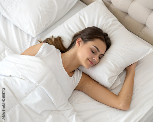 Top view of calm lady sleeping well on her back, resting, enjoying fresh cotton bedding, soft pillow and comfy mattress, copy space, banner