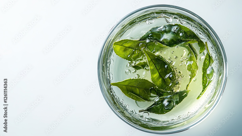 Obraz premium Green tea leaves inside Petri dish with water drops representing natural skincare