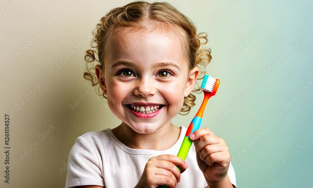 Portrait of happy smiling girl holding toothbrush, taking care of dental hygiene Portrait of happy smiling girl holding toothbrush, taking care of dental hygiene