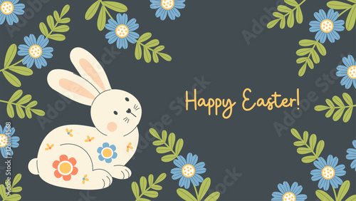 Happy Easter poster. Cute Bunny on black background with Floral Frame. Festive horizontal Greeting Template. Vector illustration