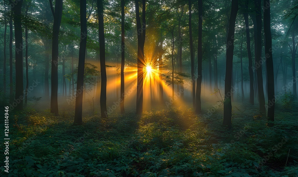 Fototapeta premium Sunlight filtering through a misty forest with trees in the foreground and lush green foliage