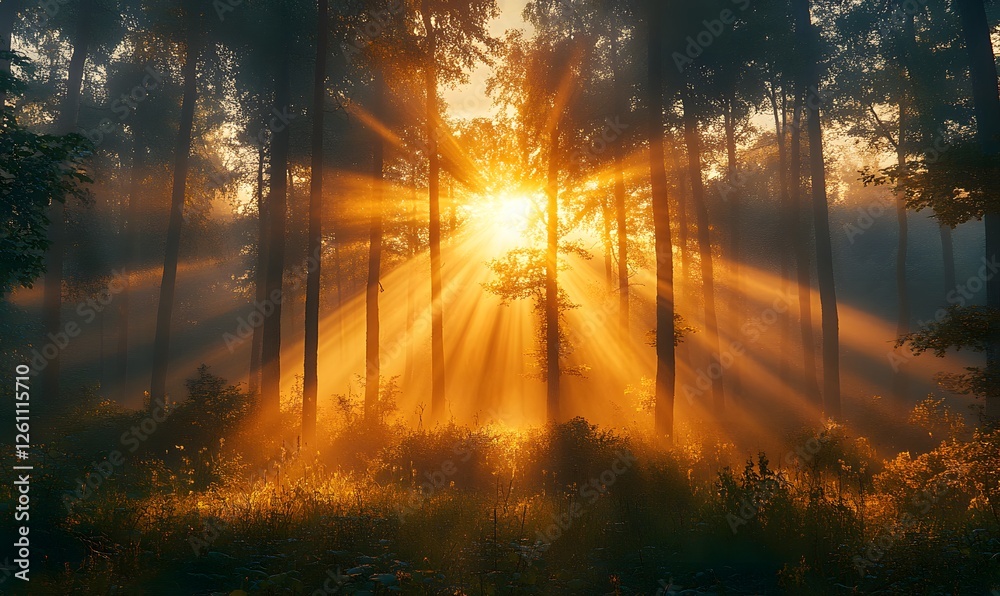 Sunlight streaming through a dense forest creating a golden glow in nature Sunlight streaming through a dense forest creating a golden glow in nature