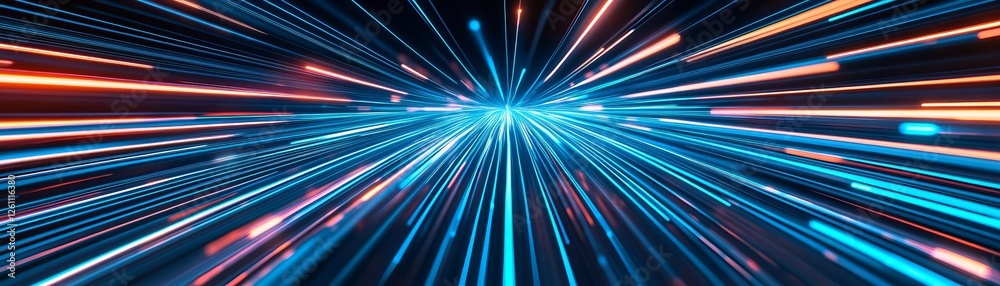 Obraz premium Neon blue energy pulses traveling through fiber-optic cables, ultrafast data transfer