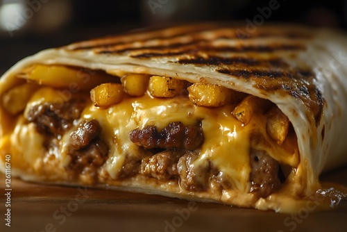 A close-up cross section view of a french taco