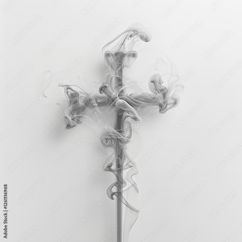 Obraz premium Abstract Smoke Cross Design Elegant Monochrome Gray Swirls Spiritual Faith Hope Minimalist Artistic Background Texture Graphic Image Digital Art Print