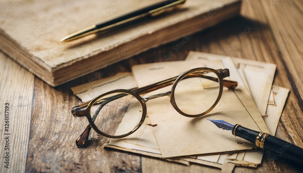 Fototapeta premium 빈티지 우편 엽서와 함께 올려진 둥근 안경, 클래식한 만년필