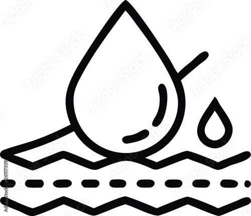 Silhouette vector illustration of a water-resistant textile icon, showing a droplet sliding off fabric.