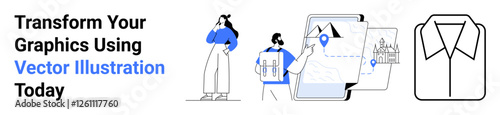 Woman contemplating ideas, man presenting designs, map highlighting locations, minimalist shirt outline. Ideal for design thinking, branding, navigation, creativity, fashion marketing flat landing