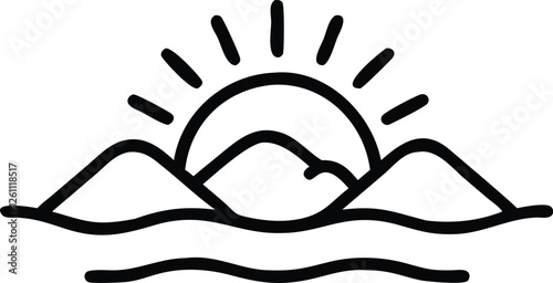 Silhouette vector of a sleepy sun setting behind mountains.