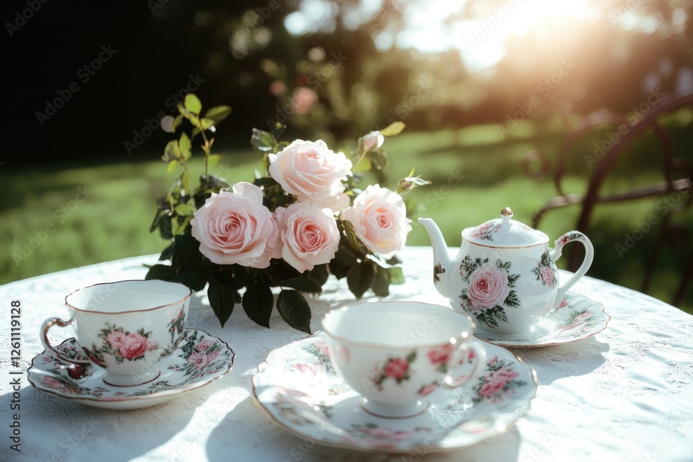 sunny garden scene with table set for tea featuring floral-patterned plates teacups and centerpiece of fresh roses sunny garden scene with table set for tea featuring floral-patterned plates teacups and centerpiece of fresh roses