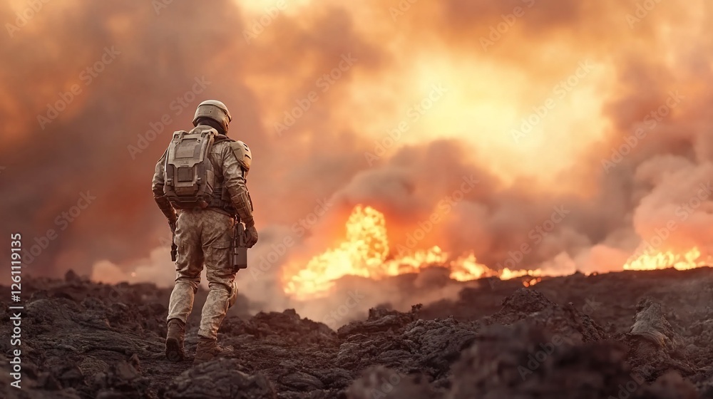 Astronaut observes volcanic eruption; disaster concept Astronaut observes volcanic eruption; disaster concept