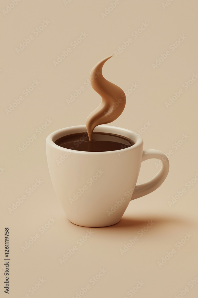 Obraz premium A cup of freshly brewed coffee with a swirl of steam rising in an elegant, fluid shape. The minimalist design highlights the warmth and comfort of a cozy coffee moment, perfect for coffee lovers 