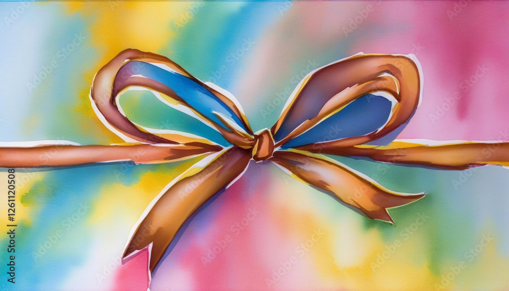 Φωτογραφία Extreme close up of a watercolor ribbon tied on a gift, with fluid strokes of gold and pink fading into the background, evoking a soft, celebratory feel