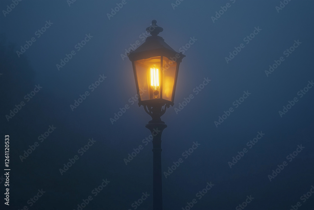 Elegant old-fashioned streetlamp glowing softly amidst a foggy evening, creating a cozy atmosphere for passersby wandering through the mysterious streets Elegant old-fashioned streetlamp glowing softly amidst a foggy evening, creating a cozy atmosphere for passersby wandering through the mysterious streets