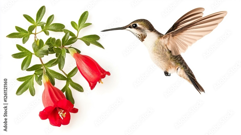 Fototapeta premium Hummingbird Flying Around Vibrant Red Flowers in Natural Setting