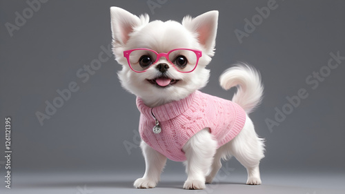 Cute Chihuahua wearing a pink sweater and glasses, posing playfully against a gray background