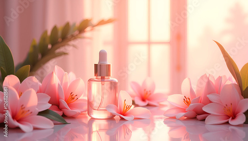 Luxury skincare serum bottle surrounded by pink lilies and greenery in soft sunlight