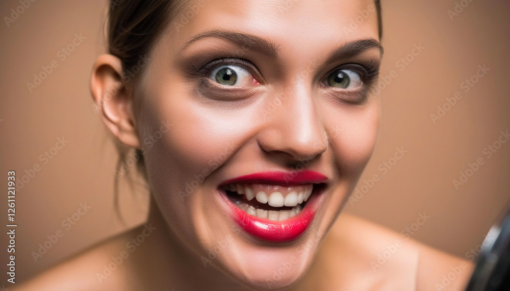 Extreme close up portrait of a person with lipstick smeared all over their face, laughing at a lipstick prank they just discovered in a mirror. Extreme close up portrait of a person with lipstick smeared all over their face, laughing at a lipstick prank they just discovered in a mirror.