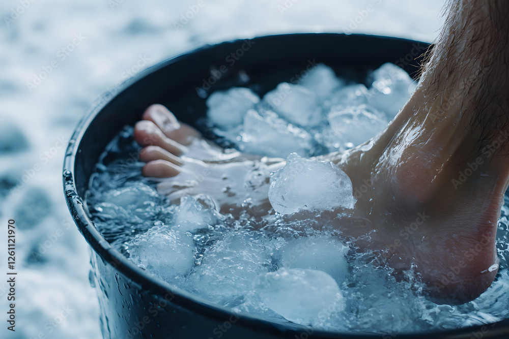 Fototapeta premium Immersing foot in ice bath for recovery. The chilling sensation offers relief and promotes healing after intense activity. A simple, effective remedy.