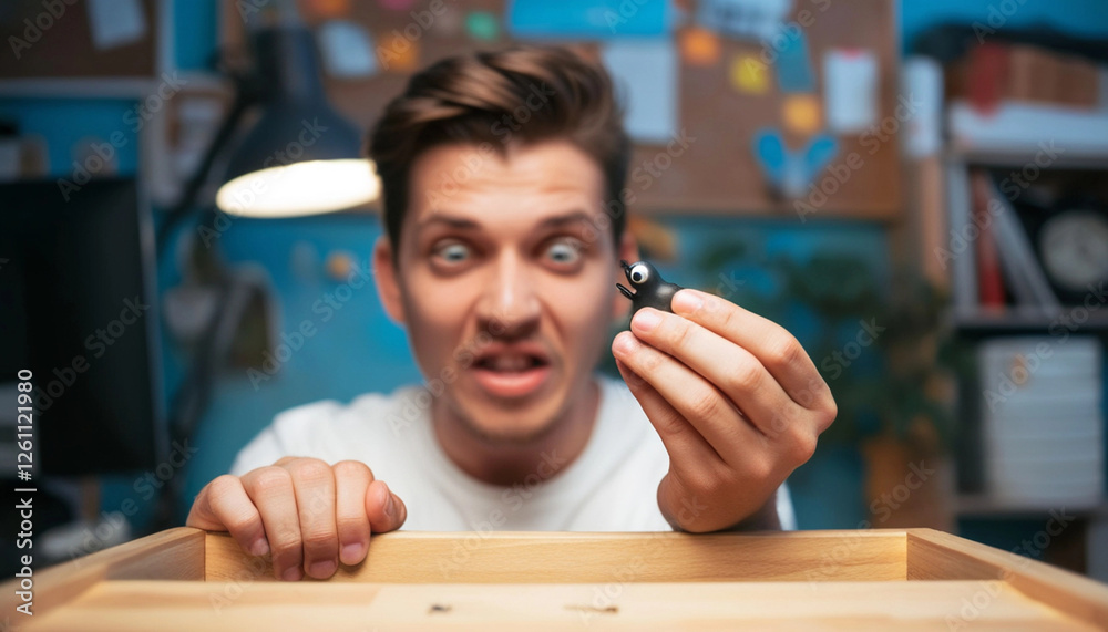 Φωτογραφία Extreme close up portrait of a person making a shocked face, holding a rubber rat that was hidden in their desk drawer, their reaction priceless
