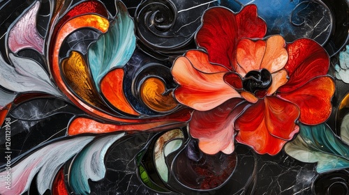 Black Unique Marble. Passion Glass Stained Glass. Fashion Background Marble Paint. Kaleidoscope Isolated. Red Stained Glass Flower. Oil Water. Paint Girls. photo