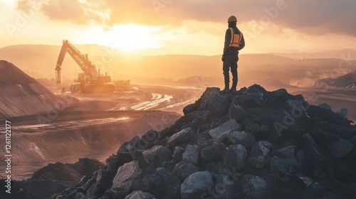 Mining supervisor overseeing excavation site at dusk, future development