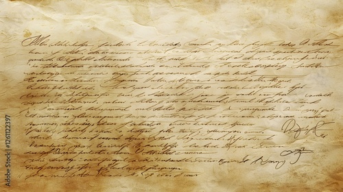 Aged handwritten document on vintage paper with elegant cursive writing. Historical manuscript with faded ink and textured background. Antique and archival themes photo