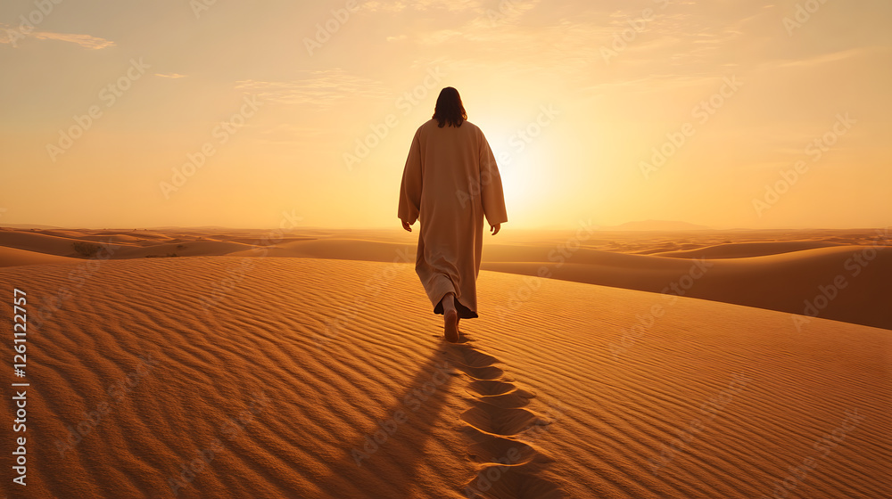 Person walking barefoot in a desert landscape, at sunset. Footprints mark their journey across the undulating sand dunes under a soft, warm light. Person walking barefoot in a desert landscape, at sunset. Footprints mark their journey across the undulating sand dunes under a soft, warm light.