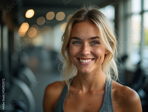 Portrait of smiling sportswoman posing in fitness center after workout