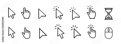 Computer mouse click cursor arrow icons set with hand pointers, clicking effects, and loading symbols. Ideal for web design, user interface, and digital applications. Vector illustration.