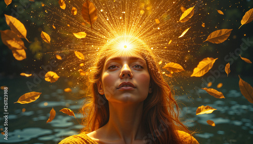The Wheel of the Year. Woman experiencing celestial enlightenment with glowing third eye, cosmic wisdom