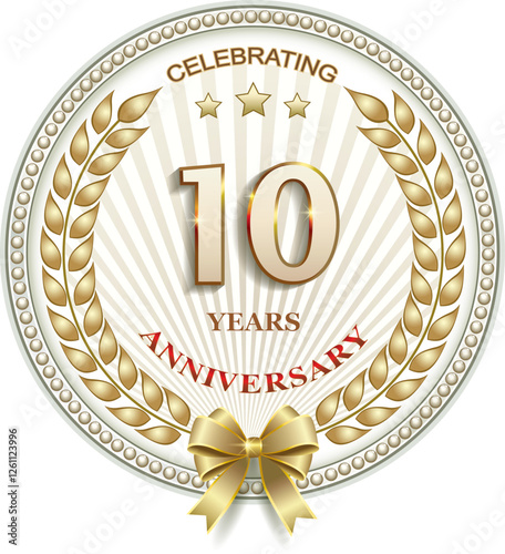 10 years anniversary celebration, greeting card, festive background with jubilee numerals with stars and laurel wreath, birthday card, icon. Vector illustration