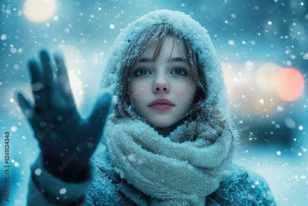 A snow-covered girl reaches out in a winter wonderland, her eyes reflecting the magical atmosphere. A snow-covered girl reaches out in a winter wonderland, her eyes reflecting the magical atmosphere.