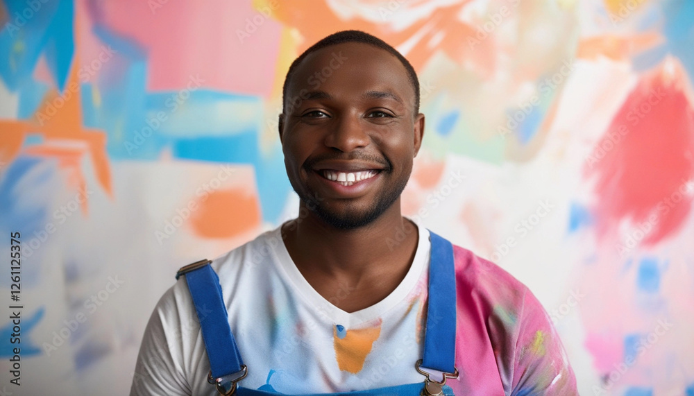 Φωτογραφία Extreme close up portrait of a painter standing proudly in front of a newly painted wall, their face full of joy and bright paint splatters on their clothes
