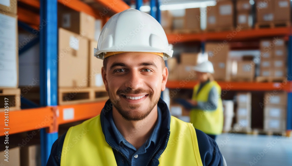 Extreme close up portrait of a worker in a logistics warehouse, smiling proudly next to a stack of boxes they've organized, showing fulfillment in their work. Extreme close up portrait of a worker in a logistics warehouse, smiling proudly next to a stack of boxes they've organized, showing fulfillment in their work.